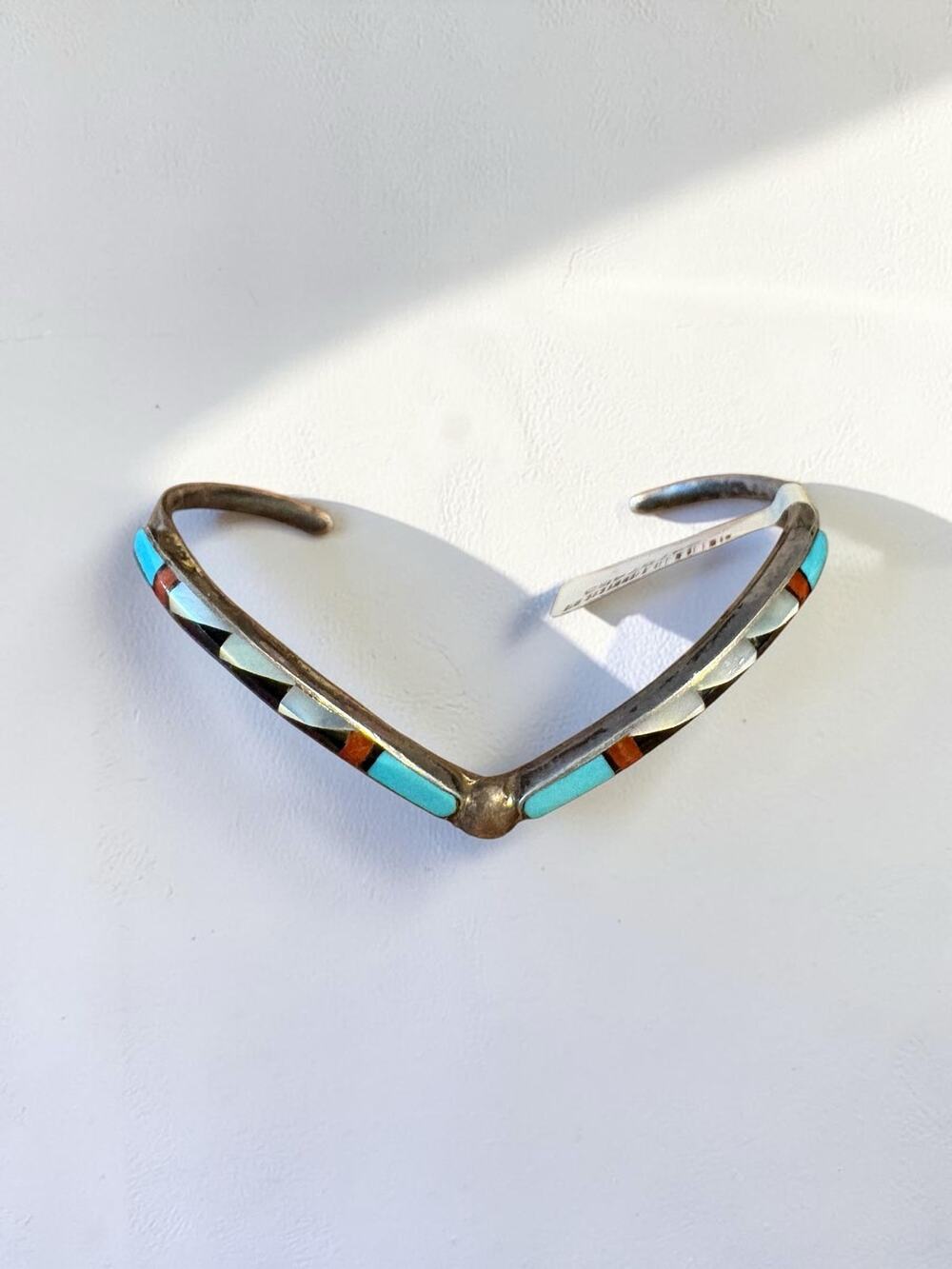 Vintage Zuni Sterling Silver Inlay Thin V Cuff Bracelet Turquoise Onyx Coral